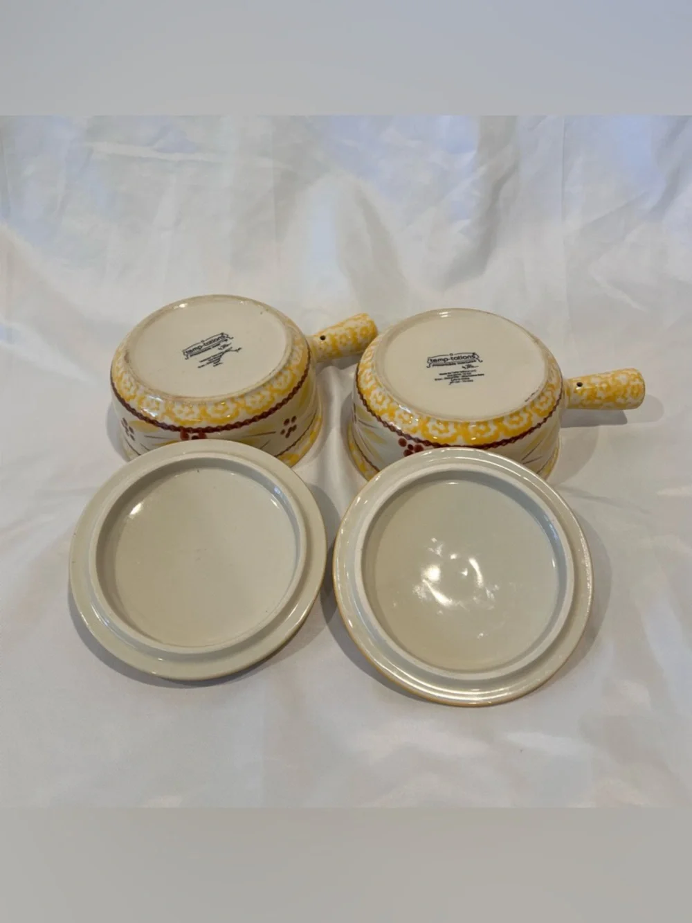 Temp-tations by Tara Old World Soup Crock Bowls Set of 2 w/ Lids Yellow Floral